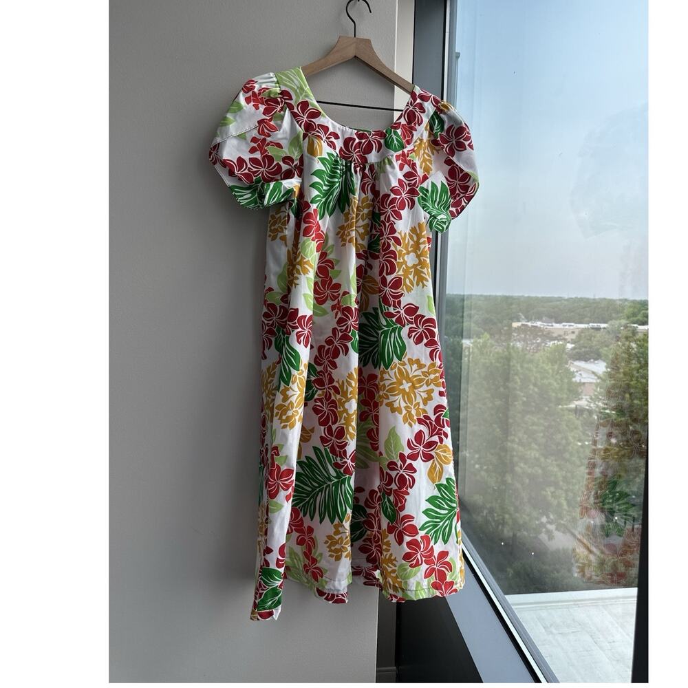 Hawaii Reserve Collection A-Line Dress White Tropical Floral Puff Sleeve L